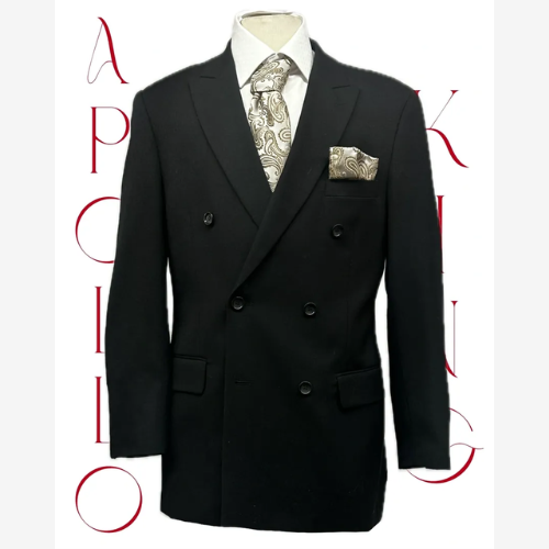 Black suit jacket with buttons, white shirt, and printed designed tie