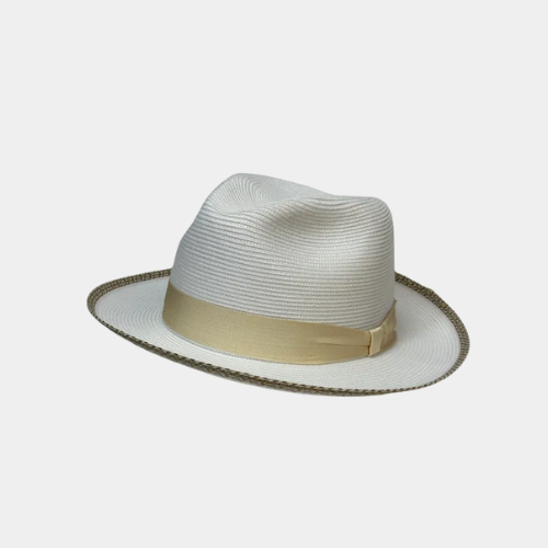White men's hat with tan band and brown stitching 